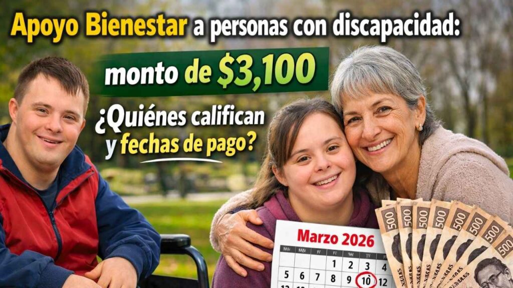 Apoyo Bienestar a personas con discapacidad: monto de $3,100, quiénes califican y fechas de pago marzo 2026